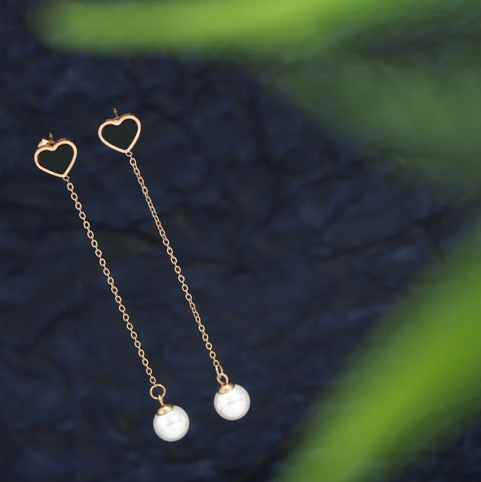 Stainless Steel Rosegold Plated Heart Shaped Long Chain Earring