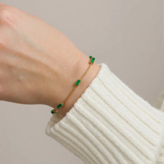 Stainless Steel Gold Plated Green Baguette Stone Charm Bracelet