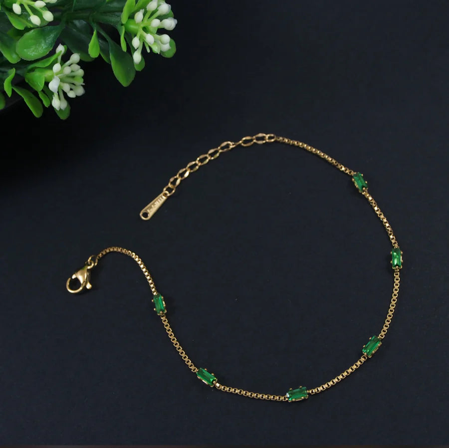 Stainless Steel Gold Plated Green Baguette Stone Charm Bracelet